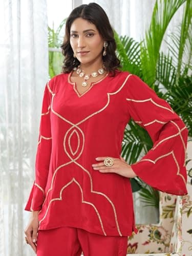 FABNEX Women Embroidered Co-Ord Set || Women 2 Pic Stylish Kurta Set (K-217-Red-M) 4