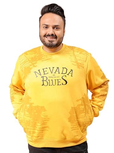 Hardsoda Men Yellow Plus Size Graphic Print Crew Neck Pull On Sweatshirt (Yellow_5XL)