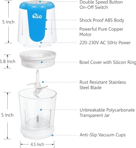Rio Electric Chopper For Kitchen - 250 Watts Double Speed, Copper Motor, 700 ML Capacity To Chop, Blend, Dice, Grind, Mince, Mini Food Processor Vegetables Chopper, Four Stainless Steel Blade(Blue) 4