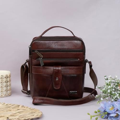 Rich Born Front Ribbon Flap Genuine Leather Men’s Sling Bag | Multi-Pocket Crossbody Messenger with Top Handle, Front Zip Pocket, Adjustable Strap | Compact Travel & Office Everyday Carry|Brown 2