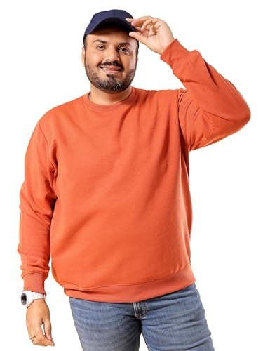 Hardsoda Men Orange Plus Size Solid Crew Neck Pull On Sweatshirt (Orange_4XL)