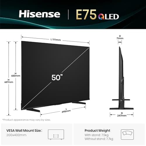 Hisense 126 cm (50 Inches) 4K Ultra HD Smart QLED TV | 48W Powerful Speakers | Dolby Atmos & HDR10+ | ALLM, VRR & Game Mode | Cricket Mode | AI 4K Upscaler | VIDAA OS | 50E75Q (Black) 5