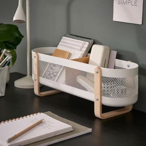 Ikea RISATORP Desk Organiser, White Metal Mesh with Wooden Handles, 50x16x17 cm 4