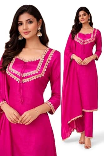 TVESA Women's Ethnic Kurta Pant Suit Set, Lace Embellished Kurta with Palazzo Pants and Dupatta. (megenta, S)