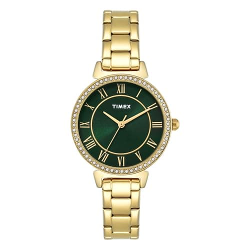 TIMEX Analog Watch for Woman with Green Round Dial & Gold Stainless Steel Bracelet Band Water Resistant Women's Wrist Watches - TWEL223SMU03