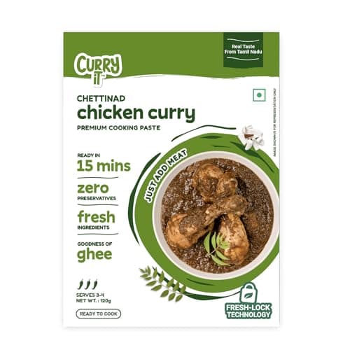 CURRYiT Chettinad Chicken Curry Paste | Ready to Cook in 15 mins | Just add Fresh Mutton, Meat, Fish | Goodness of Ghee | No Preservatives | Eat with Chawal Roti | Indian Masala Gravy 120g