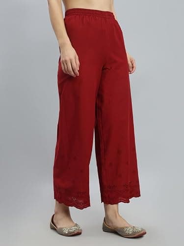 GO COLORS Women Cotton Hakoba Palazzo Ankle Length, Floral Embroidery, Relaxed Fit, Mid-Rise, with Side Pocket Light Maroon 3
