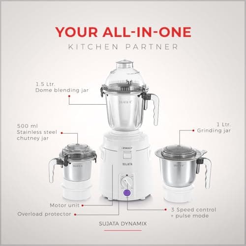 Sujata Dynamix 900 Watts Mixer Grinder | 22000 Rotations Per Min | 90 Minutes Continuous Running | 3 Versatile Jars 1500 ml, 1000 ml and 500 ml (White) 2