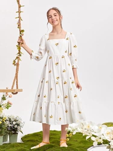 SKYCARRY Girls Cotton Midi Dress Ages 5 to 14 Years White Floral Embroidery Square Neck Western Outfit Stylish Kids Clothing Summer Beach Birthday Fashion Frocks for Children 4