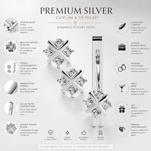MEENAZ Men Jewellery Cufflinks for men formal Shirt Diamonds Crystals Tie pin for Mens in a Gift Box Valentines Day Gifts Silver Cufflink,Tie pin Combo Cuff link Set accessories for man -102 5