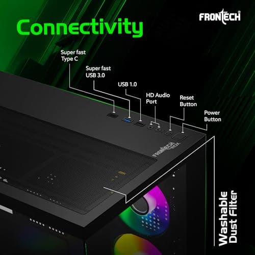 Frontech ROX Gaming Computer Case | 6 ARGB Fans | Dual Tempered Glass | Type-C Support | 360/280/240mm AIO Cooler Compatible | Front & Side Glass Panel | 1 x USB 3.0, 1 x 1.0 (FT-4391) 4