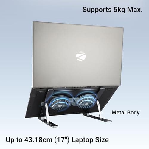 Zebronics Laptop Stand with Fans, Up to 17 inch Laptop, 2X RGB Fans + Speed Controller, 58CFM Airflow, 7 Level Adjustable, Foldable, Type-C Port, Anti-Slip Silicone Pad, Anti-Rust (NS6000) 2