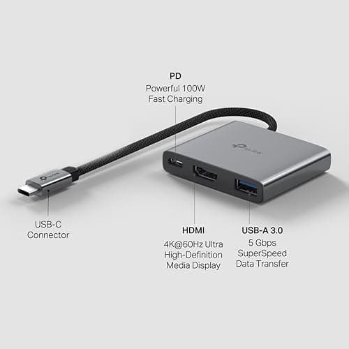 TP-Link UH3020C USB Type-C 3 in 1 Hub, USB 3.0, 5Gbps Data Transfer, USB A, HDMI 4K@60Hz, 100W PD 3.0 Fast Charging, Expand Connections, Self-Storage, Braided Cable, Plug&Play, Easy to use 4