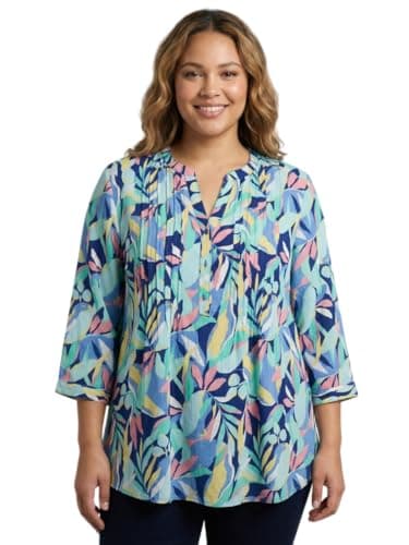 9 Impression Women's Blue & Green Rayon Printed Oversized Mandarin Collar Plus Size Top (7XL)