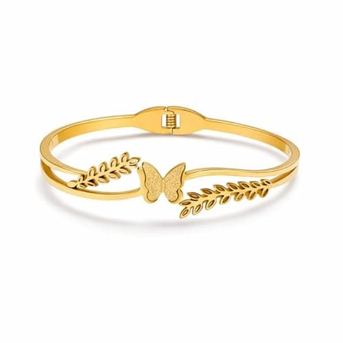 Gold Tonned Butterfly Bracelet for Women Minimalist Openable Kada with Leaf Design, Elegant Everyday Wear Gold Tonned Bangle, Adjustable Gift for Girls & Women on Birthdays, Anniversary and Weddings.