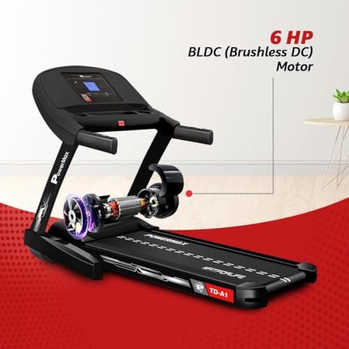 PowerMax Fitness TD-A1 6HP Motorised Foldable Treadmill for Home User Wt. 120kg 15 Lvl Auto-Incline Running Machine for pro-workout, Top Speed 14 km/ph, Speaker, Aux, LCD Display, Bluetooth for app 3