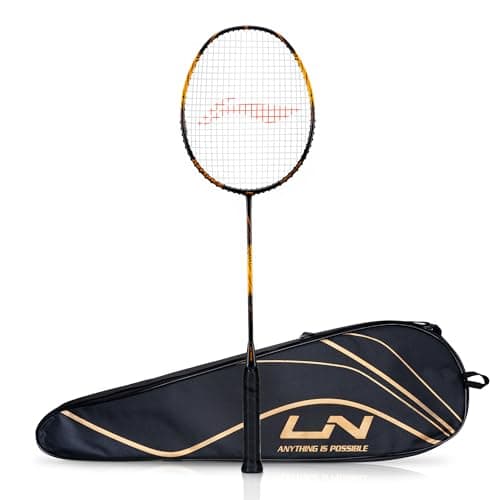 Li-Ning Axforce Tiger Strung Badminton Racquet for Professional Players |5U| 32 LBS Max Tension | Head Heavy | 7mm Flexible Shaft | Carbon Fibre Frame (Black/Orange)