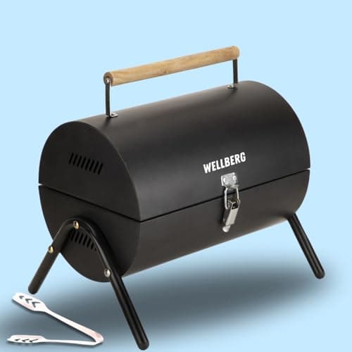 Wellberg Barrel Charcoal Barbeque Grill | Portable Outdoor BBQ Tandoor with Skewers, Heavy Duty Iron Body for Home & Garden Cooking