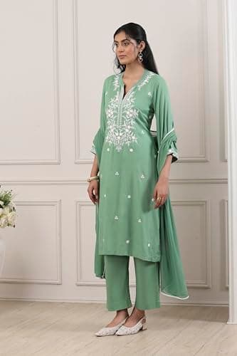 Biba Women Green Viscose Rayon Straight Suit Set_40 3
