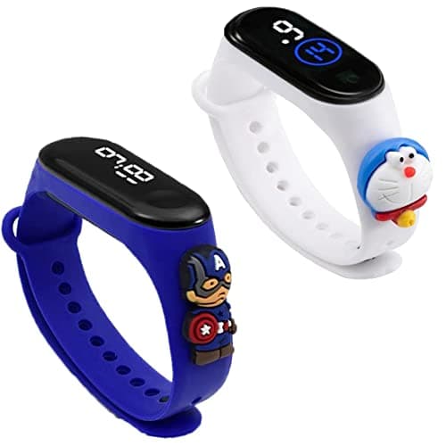 Goldenize Fashion Multicolor Digital Dial Waterproof Stylish and Fashion Child Wrist Smart Watch LED Band for Kids,Colorful 3D Cartoon Super Hero for Kids,Boys & Girls (White Doremon-Blue Captain)