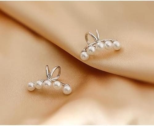 El Regalo 2PCs Tiny Pearl Cuff Cartilage Non-Pierced Clip On Earrings for Girls & Women- Vintage Pearl Clip Earrings (2 Silver) 3