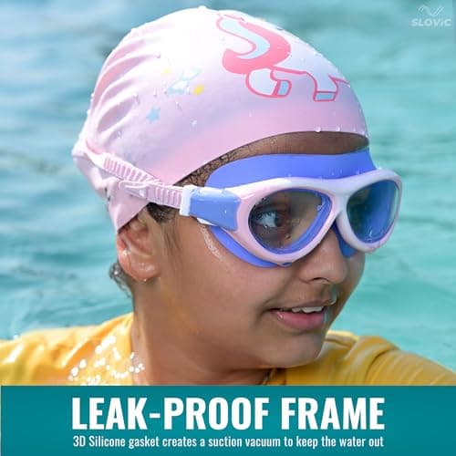 SLOVIC Swimming Kit for Kids | Swimming Goggles & Swimming Cap for Girls & Boys | With Swimming Accessories Ear Plug, Nose Clip | UV Protection | Anti Fog | Pink Google & Unicorn Pool Cap 4