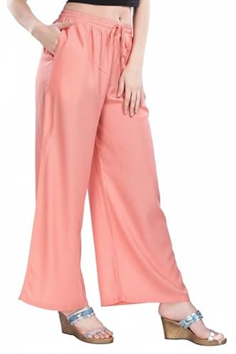 Oxinexx Solid Flared Palazzo Pant for Women Soft Breathable Viscose Rayon Straight Loose Fit Wide Leg Ethnic Set Perfect Office Formal Wear Salmon Pink 3