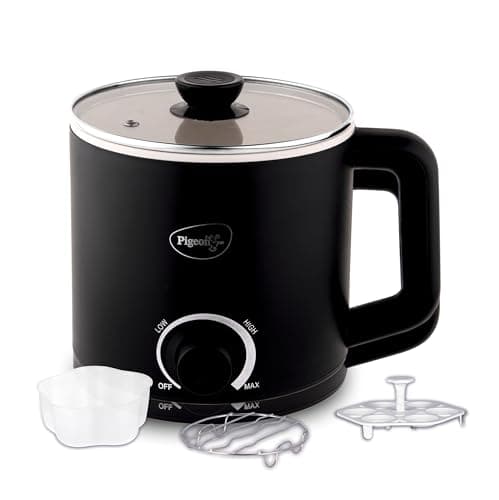 Pigeon By Stovekraft Swift Multi-Cook Kettle 1.5L, Egg Rack - Black | Double Layered | Food Grade Stainless Steel Inner Wall | Glass Lid | Auto Shut-Off, 600 Watts 2