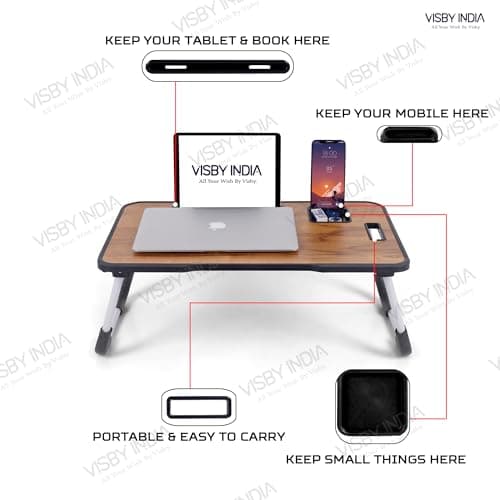 VISBY INDIA Smart Multipurpose Foldable Laptop Table with Cup Holder, Study Table, Bed Table, Breakfast Table, Foldable and Portable/Ergonomic & Rounded Edges/Non-Slip Legs (Wood C-Biding) 3