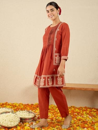 INDO ERA Women Rust Pure Cotton Co-Ord Set | Kurta Pant Set for Casual Wear,IESTR11561M | Co Ord Set For Women Stylish | 5