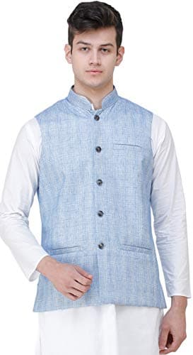 Exotic India Waistcoat with Double Check Pattern and Front Pockets - Color Placid BlueGarment Size 38