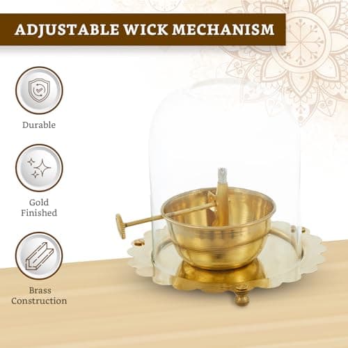 Amazon Brand Solimo - Brass Akhand Jyot Diya with Adjustable Wick Knob & Glass Cover | Large Size – 13.5 x 13.5 x 13.5 cm | Handcrafted Oil Lamp for Home & Pooja Room 5