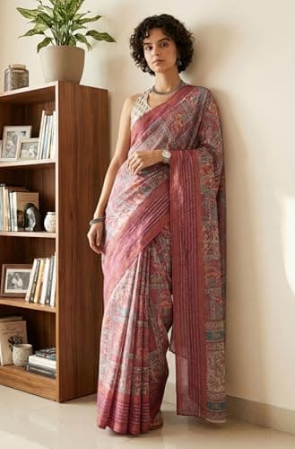 Janasya Women's Maroon Silk Blend Ready To Wear Ethnic Printed Saree With Unstitched Blouse 2