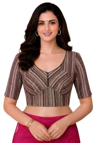 Amazon Brand - Anarva Women's Premium Cotton Tribal Print Strechable Readymade Saree Blouse | U-Neck Ethnic Wear for Festive and Party Look | Katori Cut (Cup-Blouse-Tribal-Black-m)