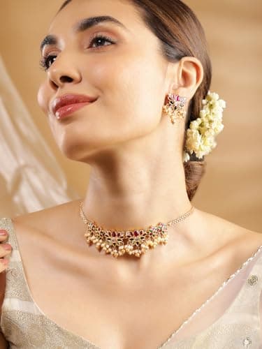 Rubans 22KT Gold-Plated Ruby & Emerald-Studded Pearl-Beaded Choker Set 2