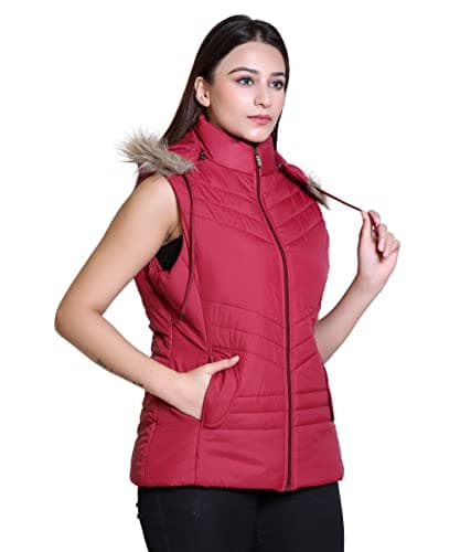 Brazo Women's Sleeveless Solid Jacket With Hoodie (M, Maroon) 3