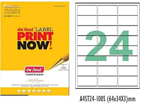 Desmat A4 Paper Labels Sticker for Laser, Inkjet and Copiers , 24 Label Sheet , 100 Sheets