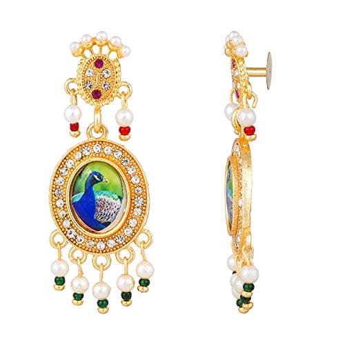LUXOR Gold Plated Peacock Motif Dangler Earrings for Women | Brass Ethnic Drop Earrings Green & White | Latest Trendy Jewellery | Ideal Festive Gift Choice (ER2222) 4