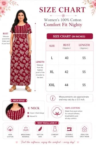 Cotton Nighty for Women | Stylish Maxi Length Night Gown | Soft & Comfortable Nightwear with Pocket | Available in L to 3XL (Wine Bouquet, 3XL) 5