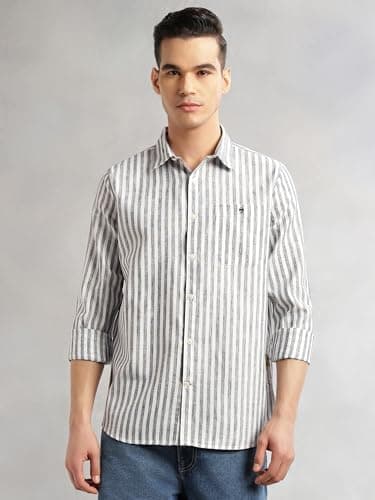 Thomas Scott Men’s Slim Fit Casual Shirt | Cotton Linen Fabric | Vertical Stripes | Long Sleeves | Spread Collar (TS1385_Navy_M) 4