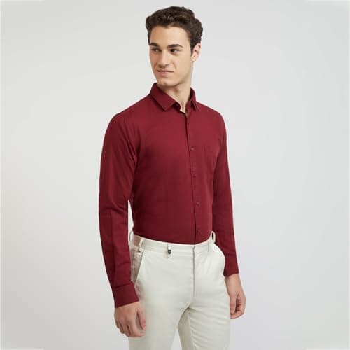 Raymond Men Slim Fit Solid Pattern Linen Cotton Blend Regular Collar | Full Sleeve Casual Shirt | Dark Red 2