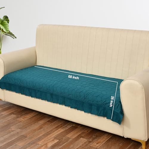 Yellow Weaves Quilted Velvet 3 Seater Sofa Cover Protector with Frill, Anti-Slip Sofa Cover Seat Mat (68 x 26 Inch), Teal Blue 5