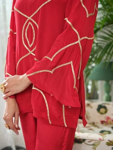 FABNEX Women Embroidered Co-Ord Set || Women 2 Pic Stylish Kurta Set (K-217-Red-M) 2