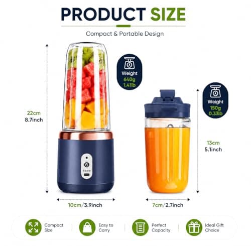 Juicer for Home Portable Blender Electric Juicers Fruit Mixers USB Rechargeable Smoothie Mini Personal Juicer 6 Blades 3Gears with 1500 Mah Rechargeable Battery-Smoothie Blender. 2