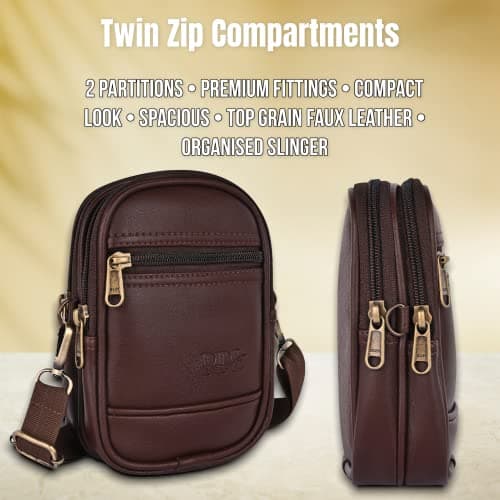 Pramadda Pure Luxury Stylish TWIN Leather Sling Bag For Men Women Travel | Side Crossbody Chest Mobile Bag | Casual Sports Walking Bags | Birthday Gift Item. (Choco Brown) 2
