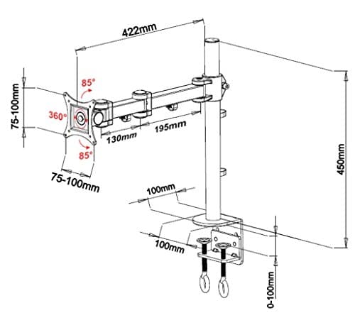Rife VESA Full Motion Single Arm Desk Monitor Mount Stand with Fully Adjustable Arms Fits Screen up to 27" (Black) (Single Monitor Clamp Arms) 5