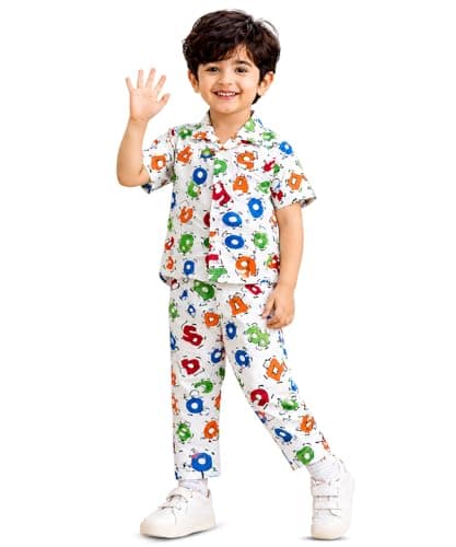 3BROS Unisex Pure Cotton Short Sleeve Kids Night Dress for Boys & Girls Nightwear/Sleepsuit/Sleepwear/Loungewear Night Suit for Boys and Girls Top and Pyjama Combo Set (Multicolor-28, 11-12 Years)