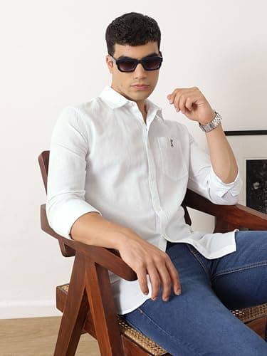 Thomas Scott Men's Cricket Club Collection Premium Slim Fit Casual Shirt | Cotton Linen Long Sleeve Solid Shirt with Spread Collar (CCSH108_White_M) 5