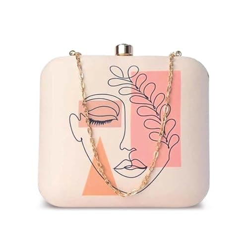 Artklim Off White Women Face Printed Box Clutch Sling Bag - Detachable Golden Chain Strap Purse for Traditional, Contemporary, Stylish Outfits & Events, Birthday - Gifts for Best Friend