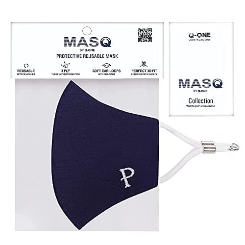 MASQ By Q-One Alphabet-P 4 Layer, Reusable with Ear Adjusters, Anti-Bacterial (BFE>99%), Cotton Cloth Face Mask Combo for Unisex, Men, Women - Large (Navy-Grey-Denim, Without Valve, Pack of 3) 5